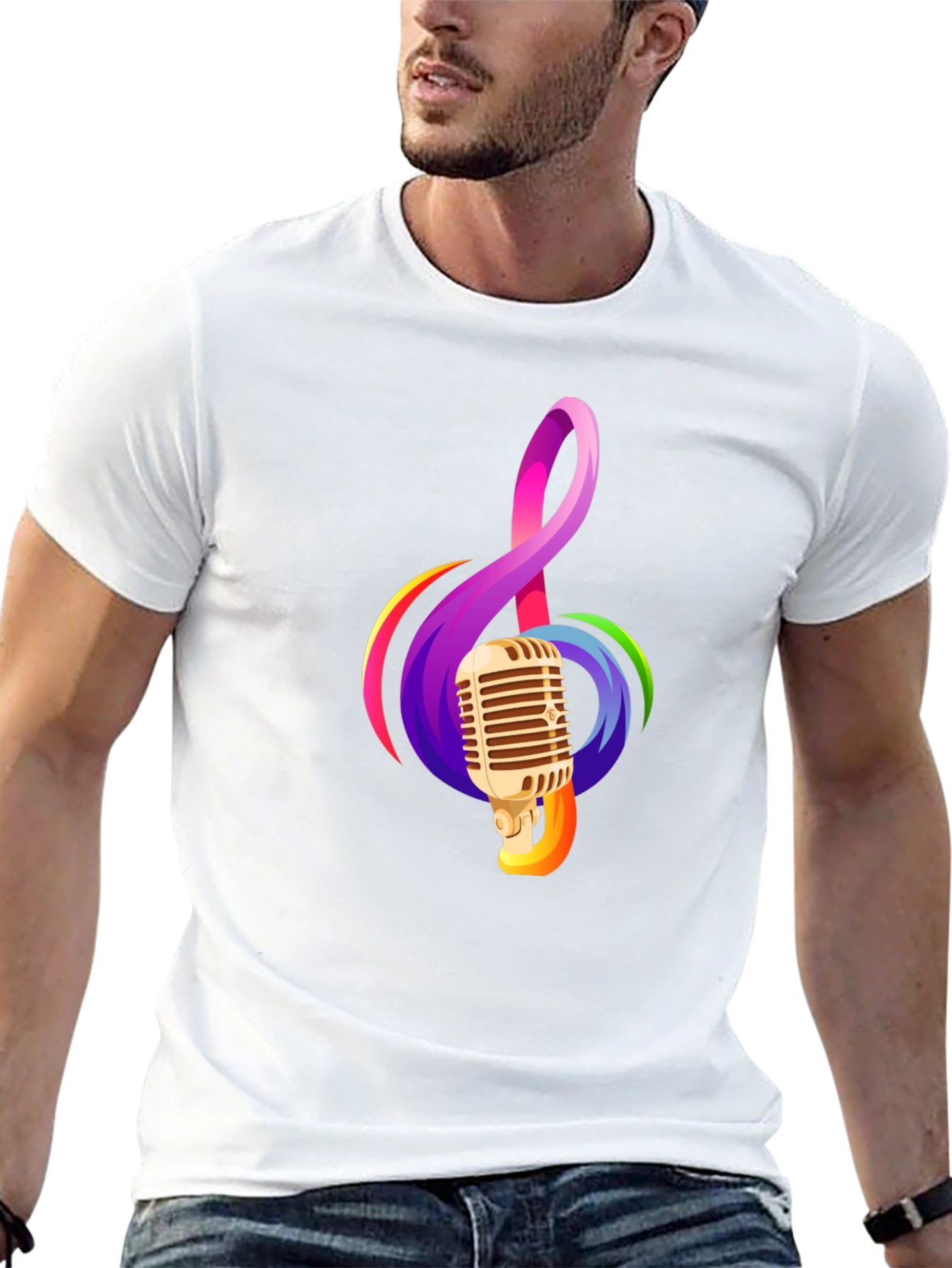 Retro Microphone & Musical Note Black T-Shirt