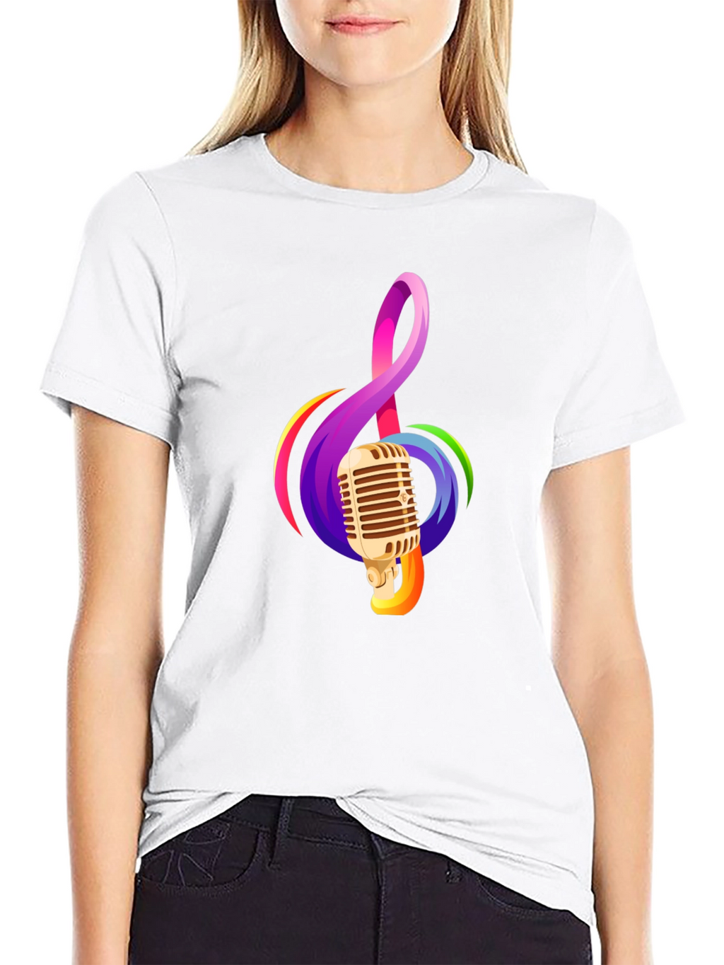 Retro Microphone & Musical Note Black T-Shirt