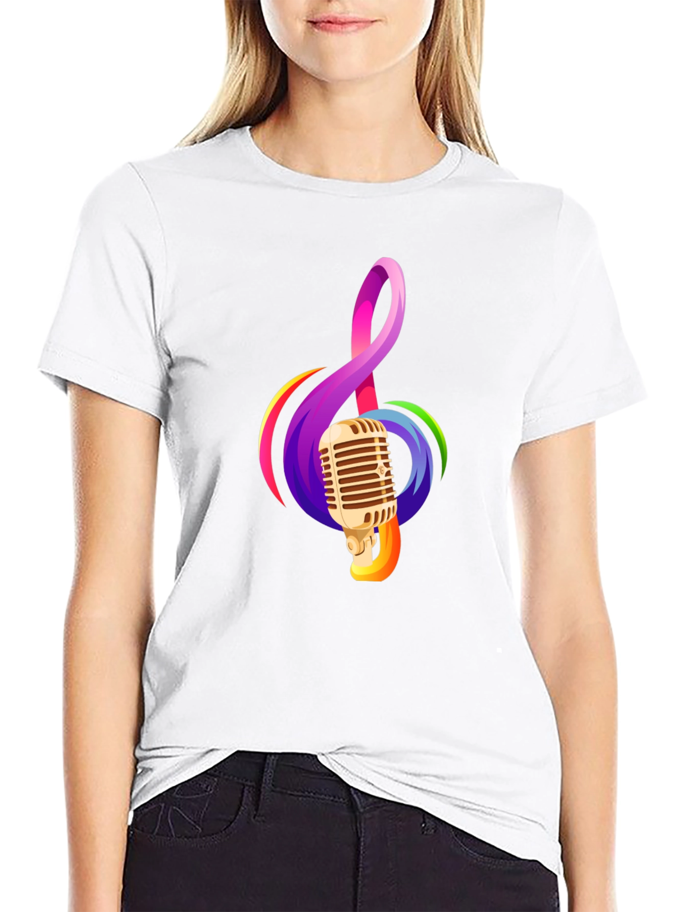Retro Microphone & Musical Note Black T-Shirt