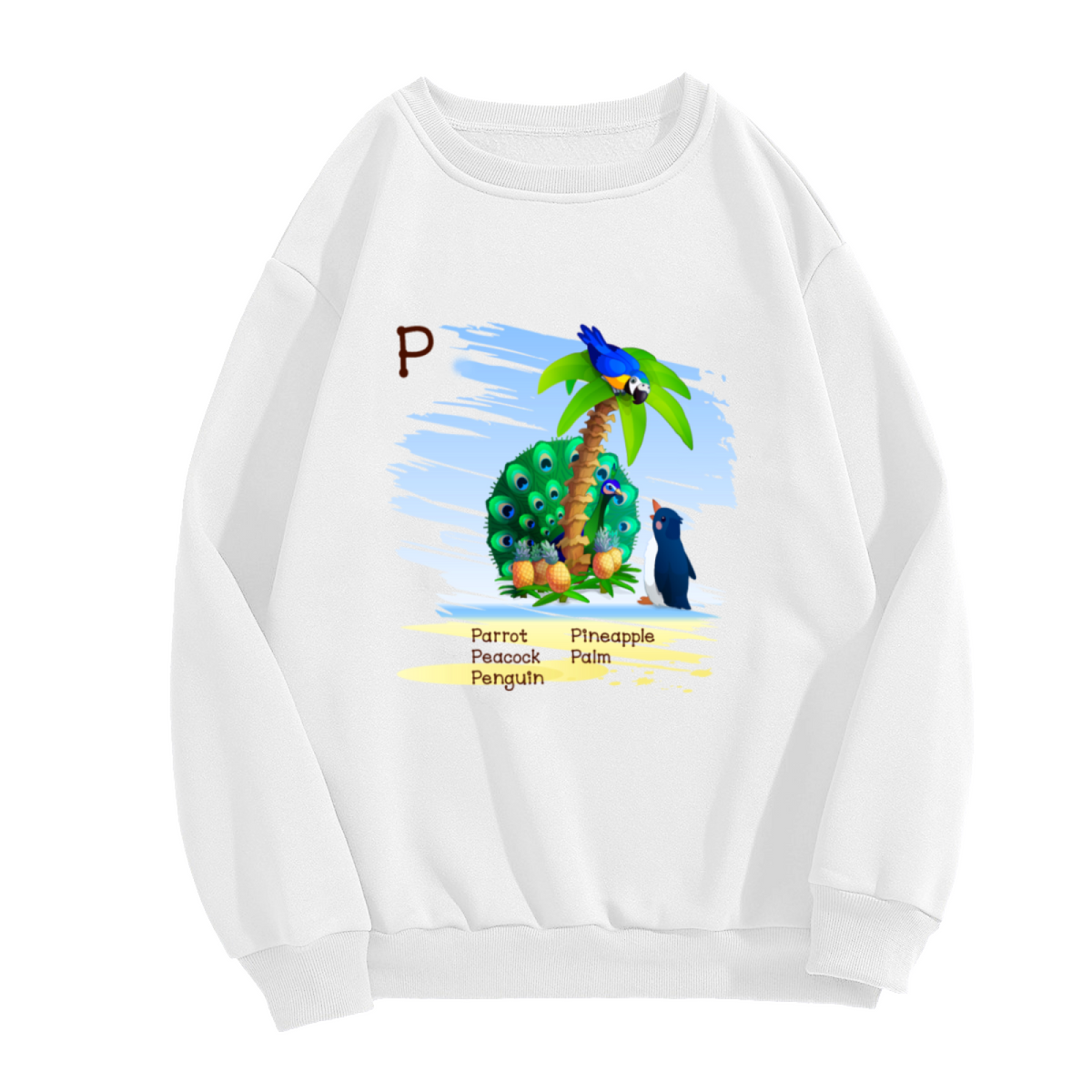 Letter P Learning Crewneck Sweatshirt - Parrot Peacock Penguin Pineapple Palm Alphabet Tee, Kids Educational Pullover