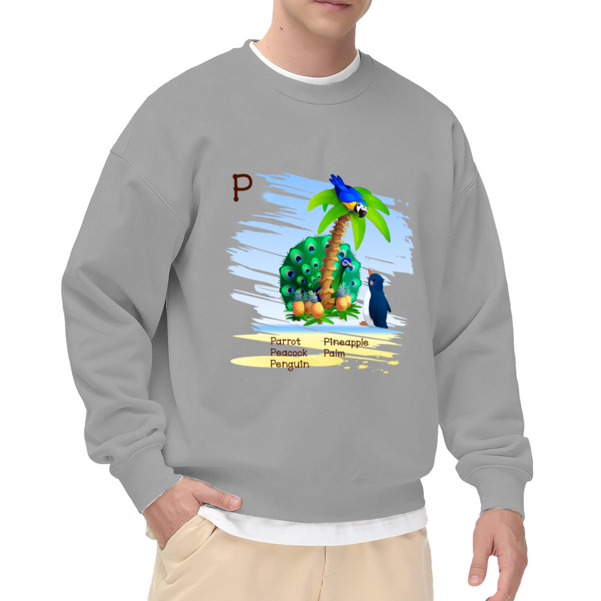 Letter P Learning Crewneck Sweatshirt - Parrot Peacock Penguin Pineapple Palm Alphabet Tee, Kids Educational Pullover