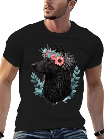 Black Wolf Floral Crown T-Shirt