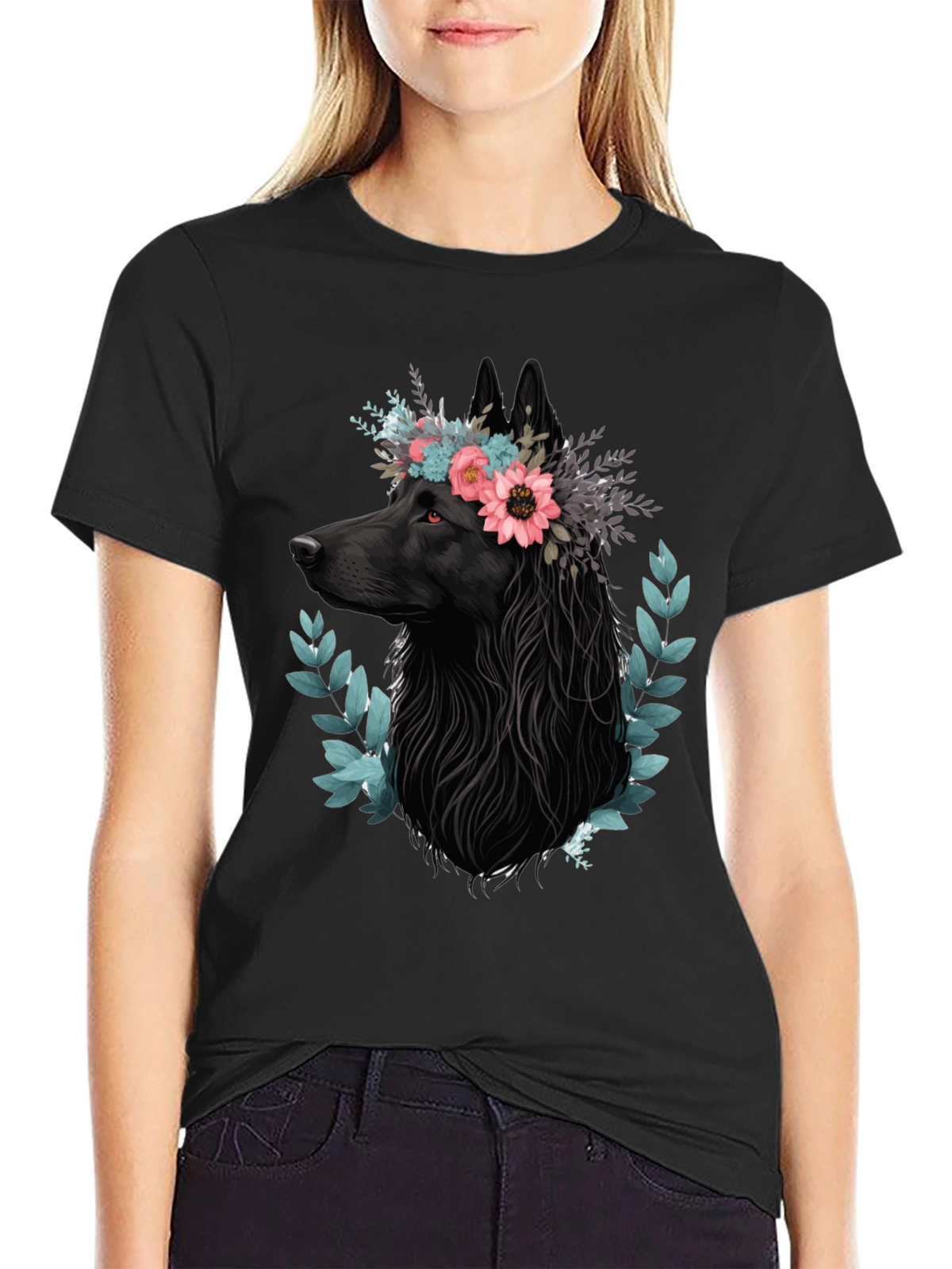 Black Wolf Floral Crown T-Shirt