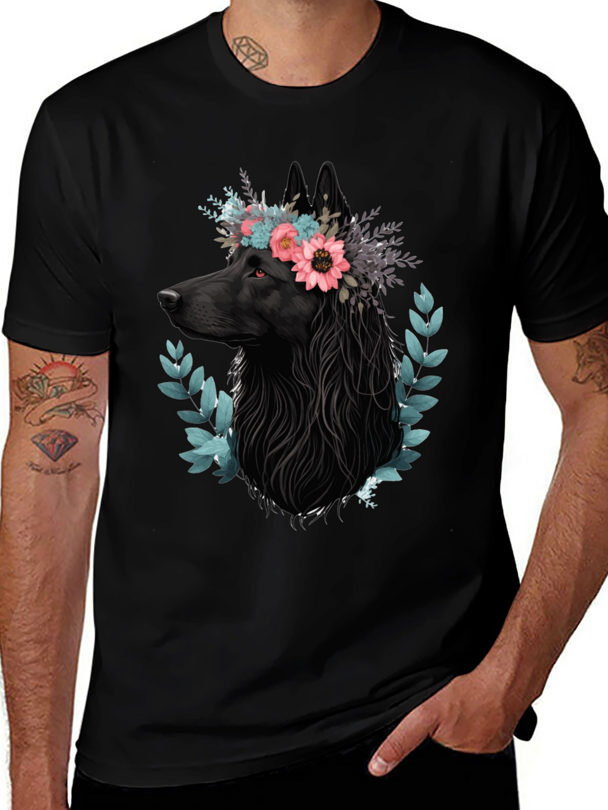 Black Wolf Floral Crown T-Shirt