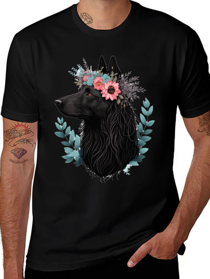 Black Wolf Floral Crown T-Shirt