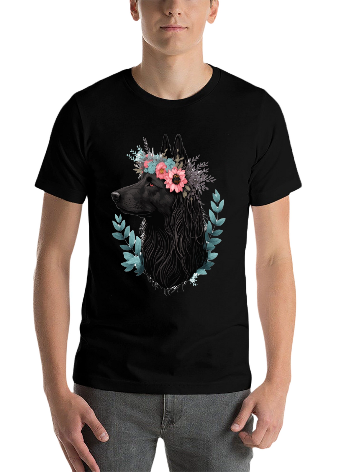 Black Wolf Floral Crown T-Shirt