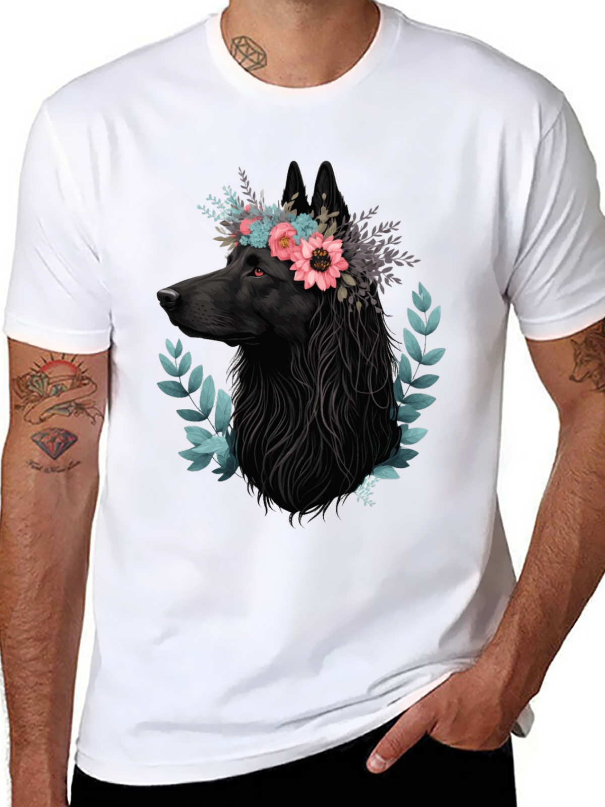 Black Wolf Floral Crown T-Shirt