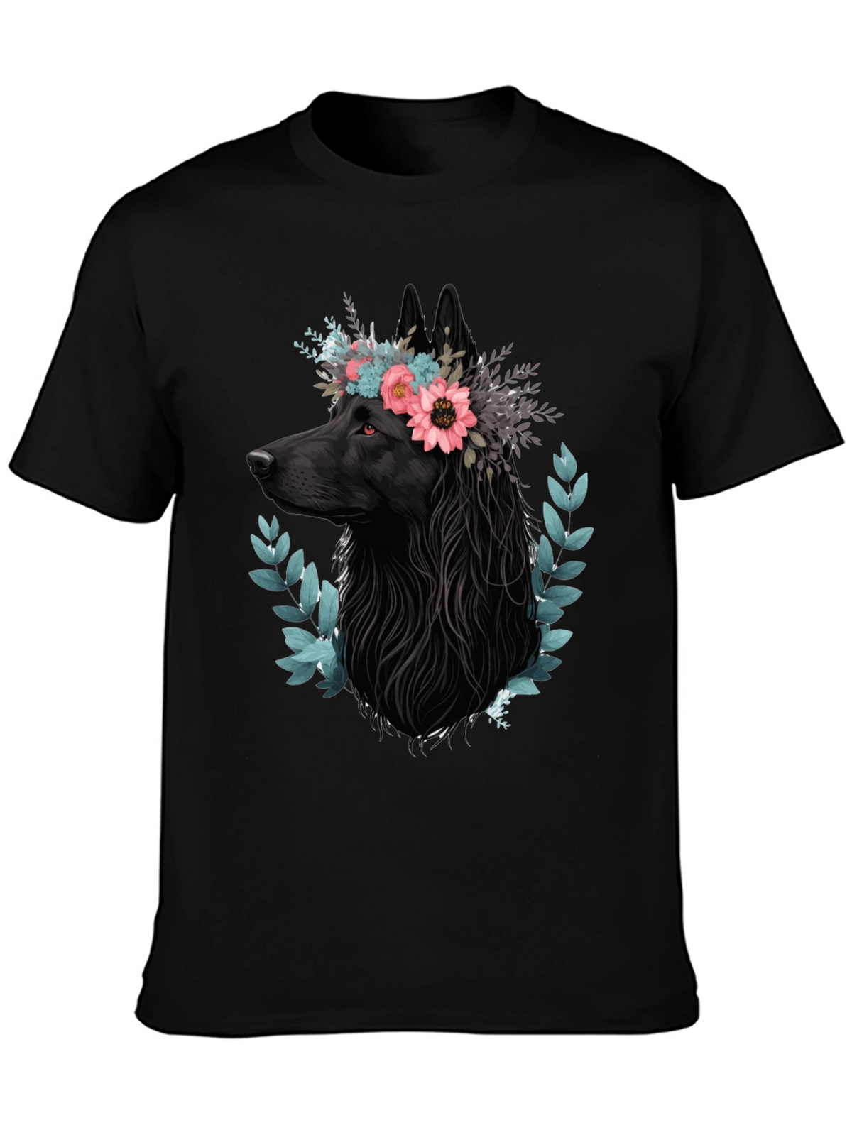 Black Wolf Floral Crown T-Shirt