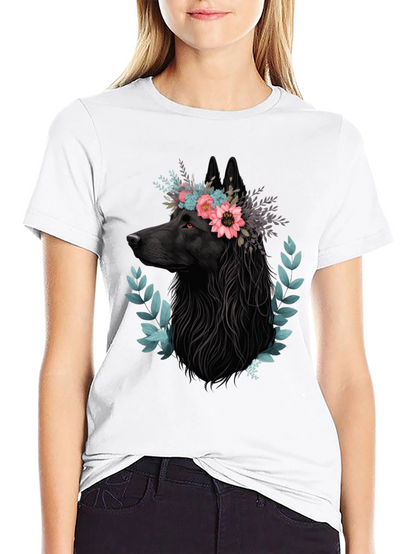 Black Wolf Floral Crown T-Shirt
