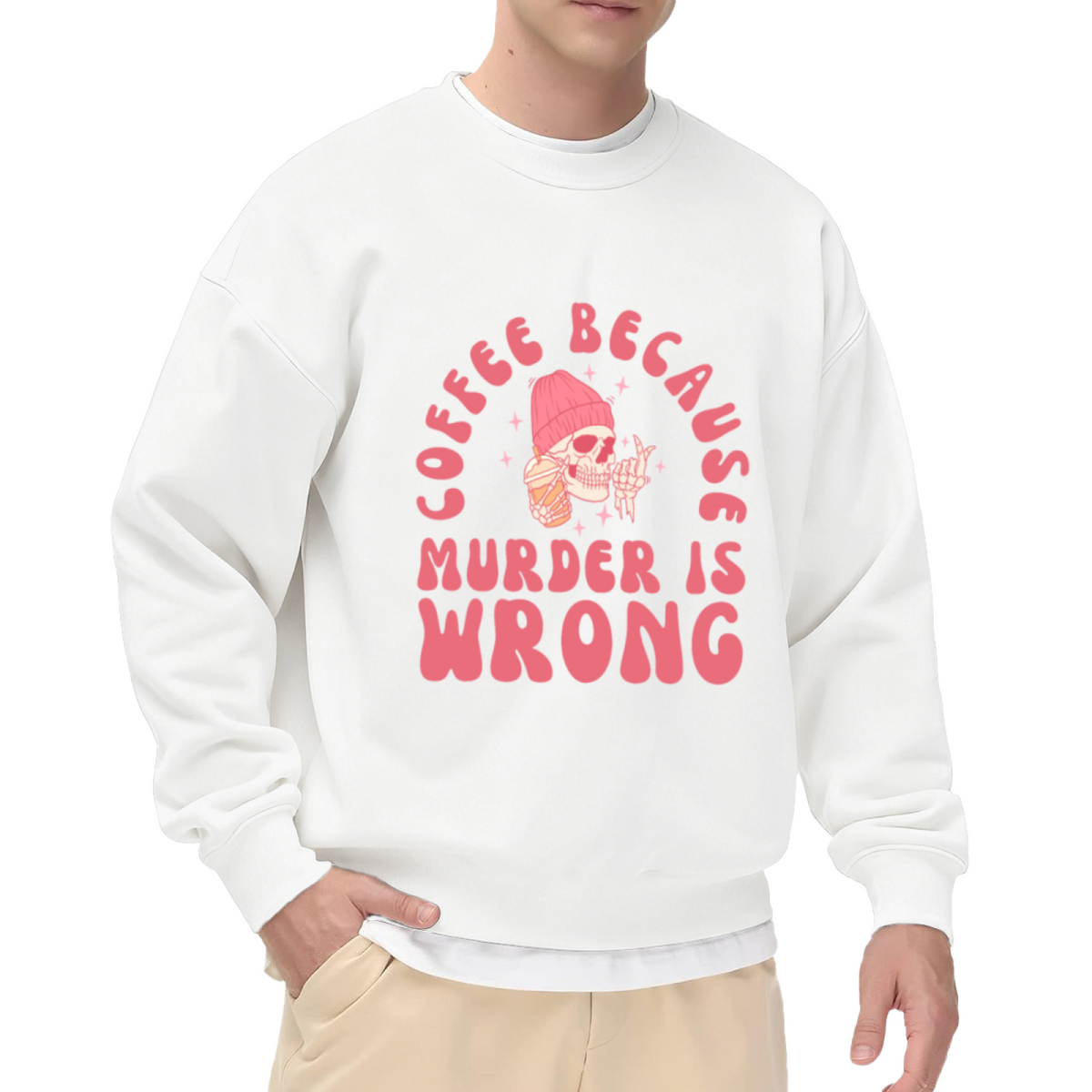 Coffee Because Murder Is Wrong Skull Crewneck Sweatshirt | Funny Coffee Lover Pullover, Cute Skull Iced Coffee Graphic Top, Caffeine Gift