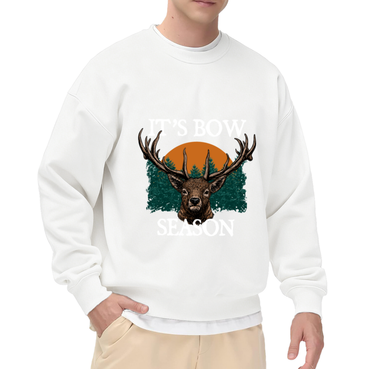 It's Bow Season Stag Crewneck Sweatshirt | Funny Hunting Pullover, Retro Forest Sunset Deer Graphic Top, Archery Gift