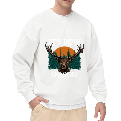 It's Bow Season Stag Crewneck Sweatshirt | Funny Hunting Pullover, Retro Forest Sunset Deer Graphic Top, Archery Gift