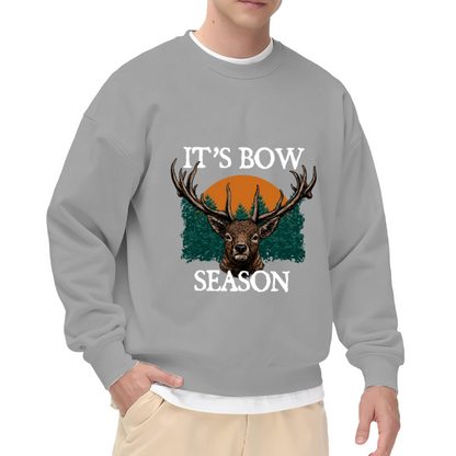 It's Bow Season Stag Crewneck Sweatshirt | Funny Hunting Pullover, Retro Forest Sunset Deer Graphic Top, Archery Gift