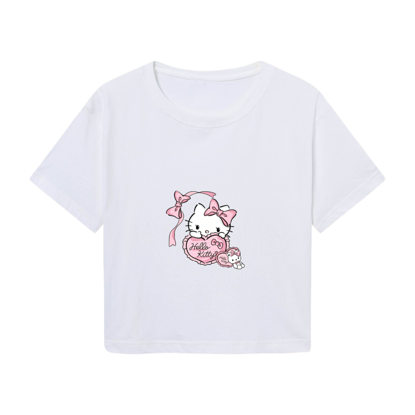 Coquette Bow Heart Hello Kitty White Crop Tee