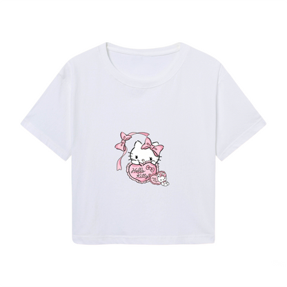 Coquette Bow Heart Hello Kitty White Crop Tee