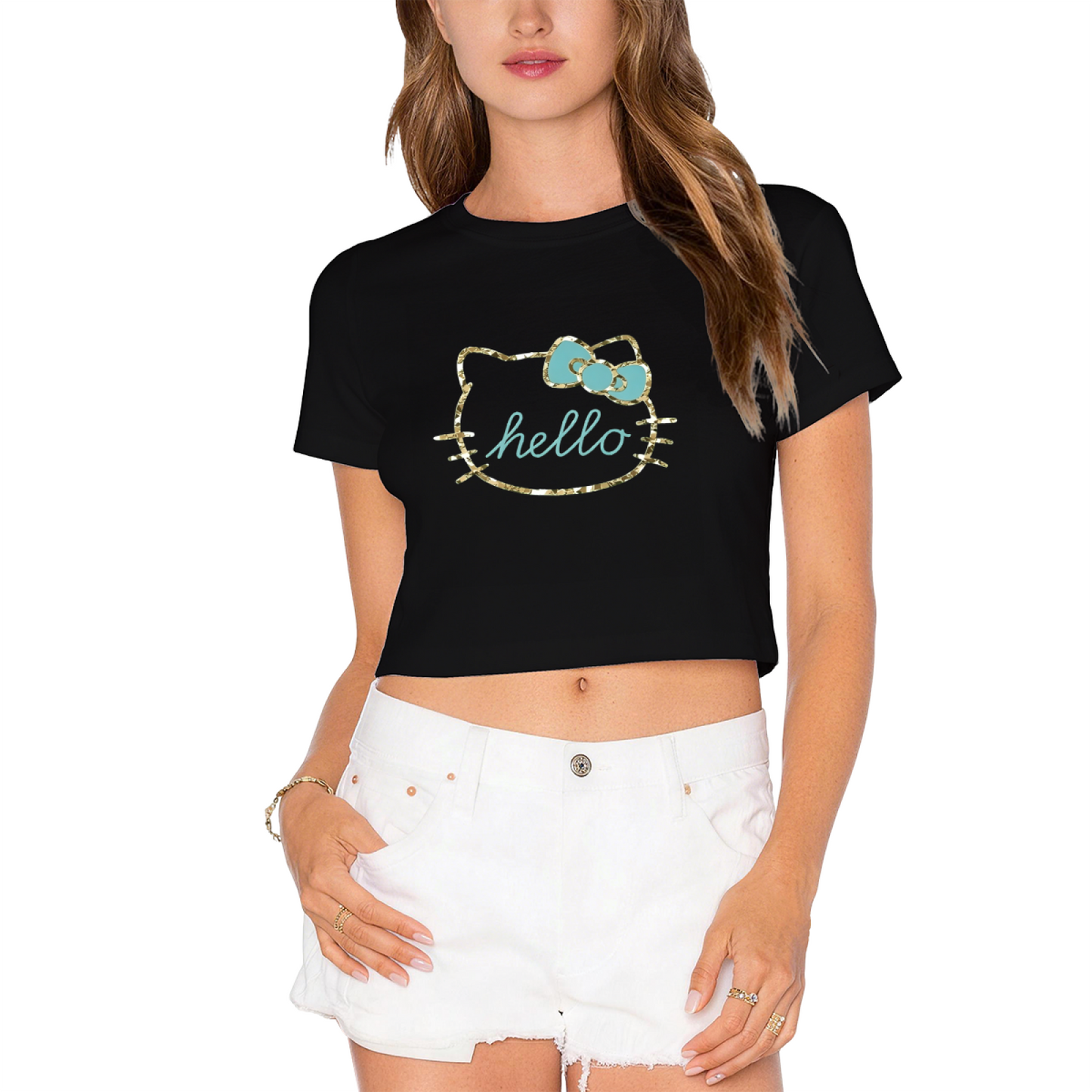 Glitter Outline Hello Kitty Y2K Cropped Tee