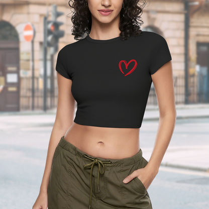 Tiny Hand-Drawn Red Heart Black Crop Top ¨C Cute Coquette Daily Top