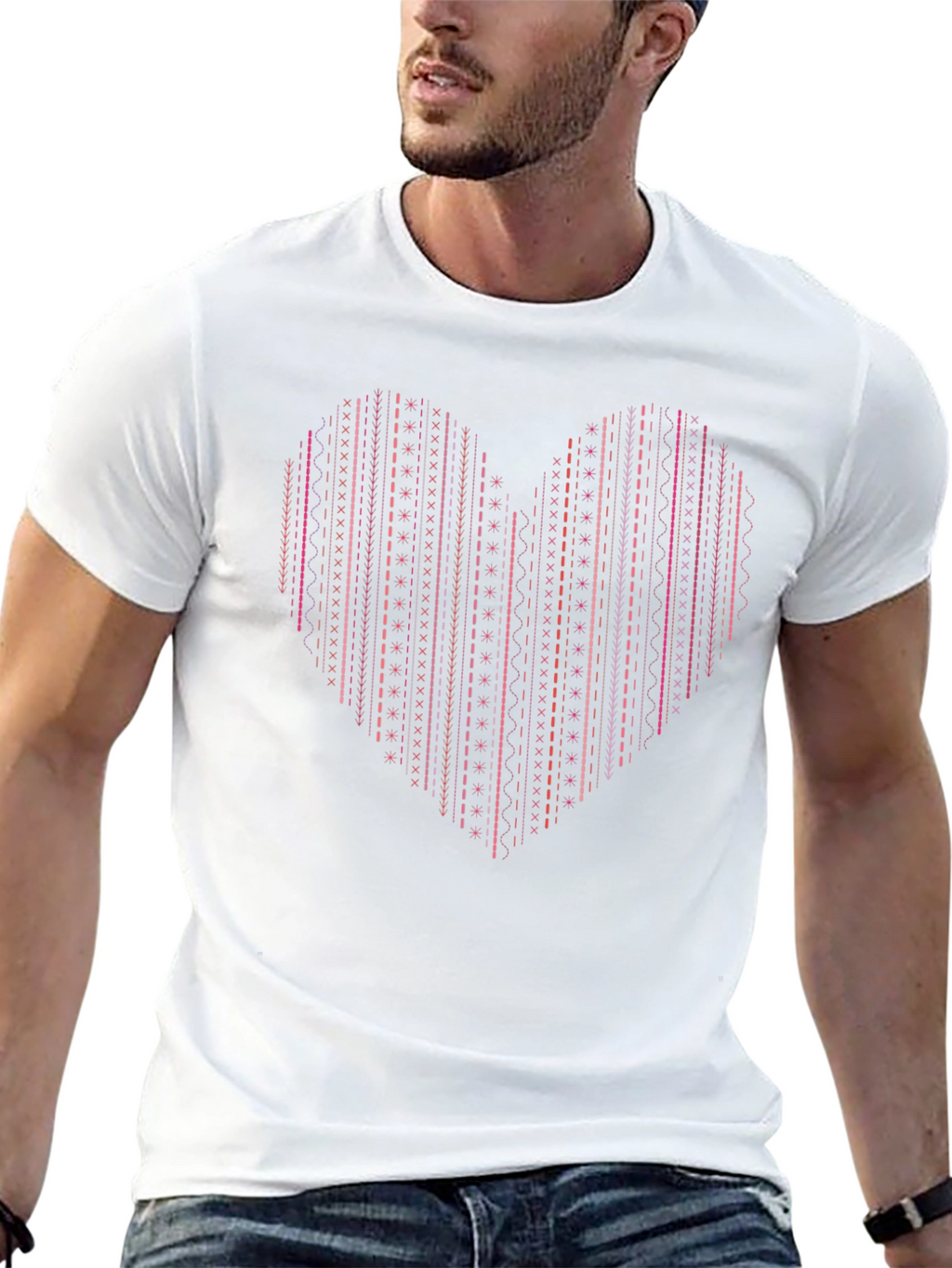 Heart Stitch Print Black T-Shirt
