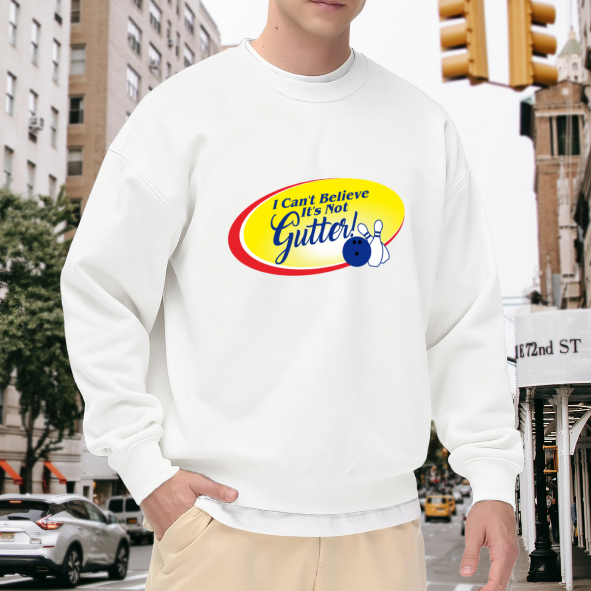 Funny Bowling Humor “I Can't Believe It's Not Gutter!” Retro Parody Crewneck Sweatshirt for Bowling Lovers