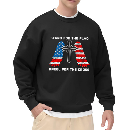Stand For The Flag Kneel For The Cross Christian Cross Wings Crewneck Sweatshirt | Patriotic USA Flag Graphic Pullover