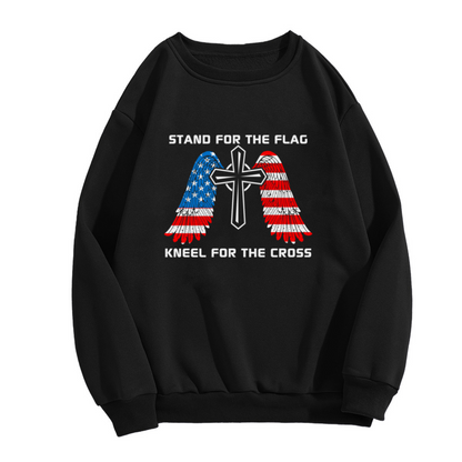 Stand For The Flag Kneel For The Cross Christian Cross Wings Crewneck Sweatshirt | Patriotic USA Flag Graphic Pullover