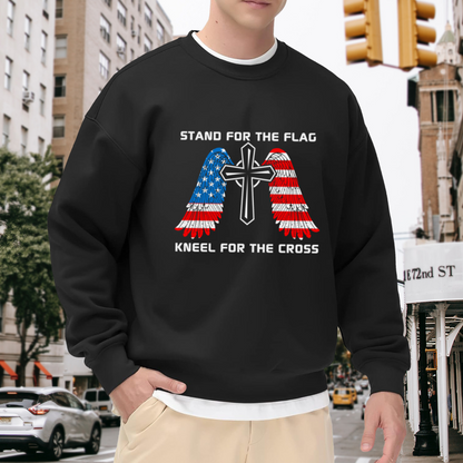 Stand For The Flag Kneel For The Cross Christian Cross Wings Crewneck Sweatshirt | Patriotic USA Flag Graphic Pullover