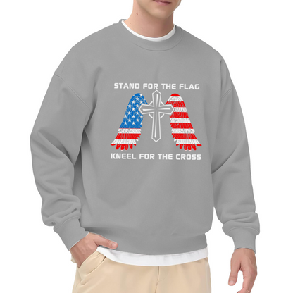 Stand For The Flag Kneel For The Cross Christian Cross Wings Crewneck Sweatshirt | Patriotic USA Flag Graphic Pullover