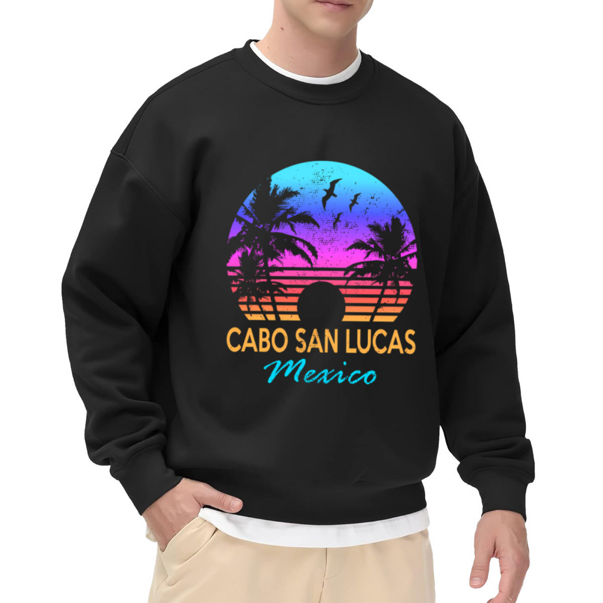 Cabo San Lucas Sunset Crewneck Sweatshirt | Retro Tropical Beach Pullover, Palm Tree Gradient Graphic Top, Vacation Gift
