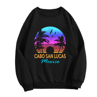 Cabo San Lucas Sunset Crewneck Sweatshirt | Retro Tropical Beach Pullover, Palm Tree Gradient Graphic Top, Vacation Gift