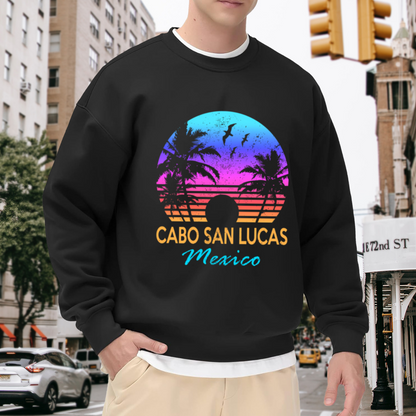 Cabo San Lucas Sunset Crewneck Sweatshirt | Retro Tropical Beach Pullover, Palm Tree Gradient Graphic Top, Vacation Gift