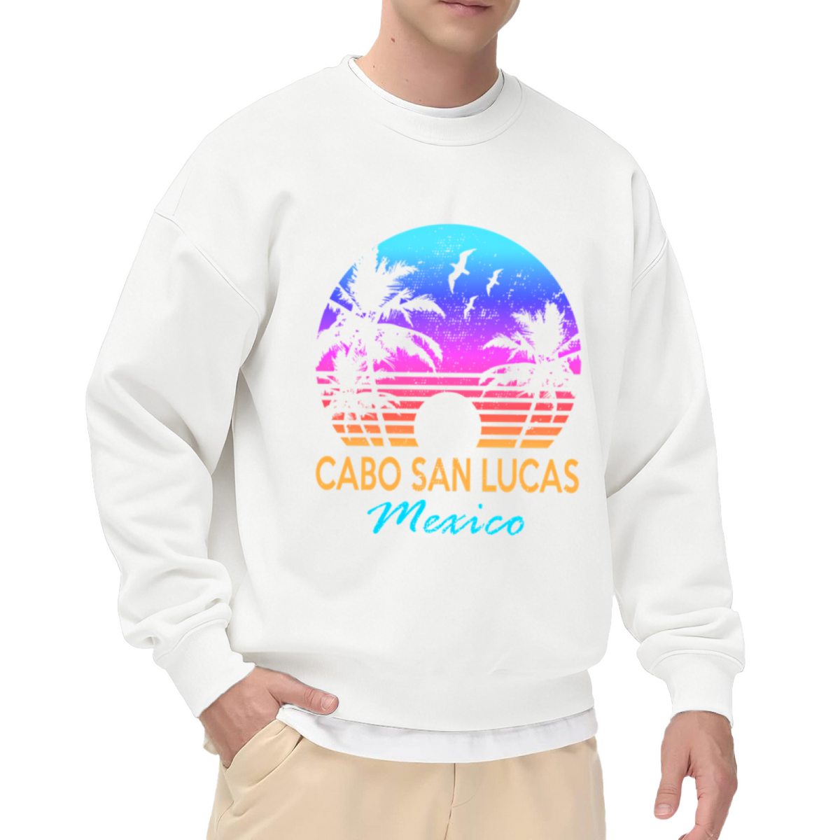 Cabo San Lucas Sunset Crewneck Sweatshirt | Retro Tropical Beach Pullover, Palm Tree Gradient Graphic Top, Vacation Gift