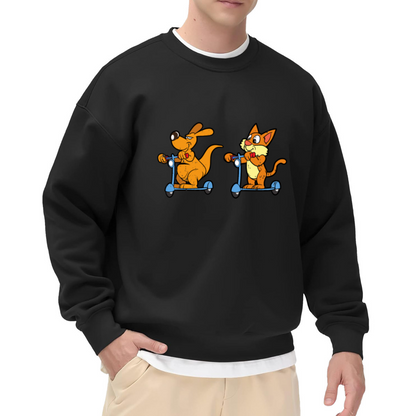 Dog And Cat On Scooters Crewneck Sweatshirt | Cute Cartoon Pet Graphic Pullover, Playful Animal Streetwear Top, Pet Lover Gift