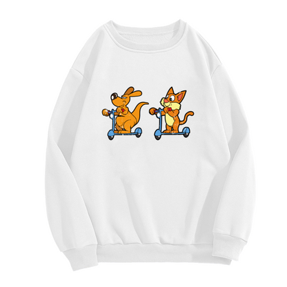 Dog And Cat On Scooters Crewneck Sweatshirt | Cute Cartoon Pet Graphic Pullover, Playful Animal Streetwear Top, Pet Lover Gift