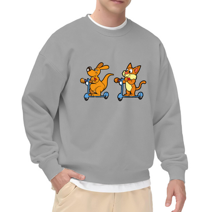 Dog And Cat On Scooters Crewneck Sweatshirt | Cute Cartoon Pet Graphic Pullover, Playful Animal Streetwear Top, Pet Lover Gift