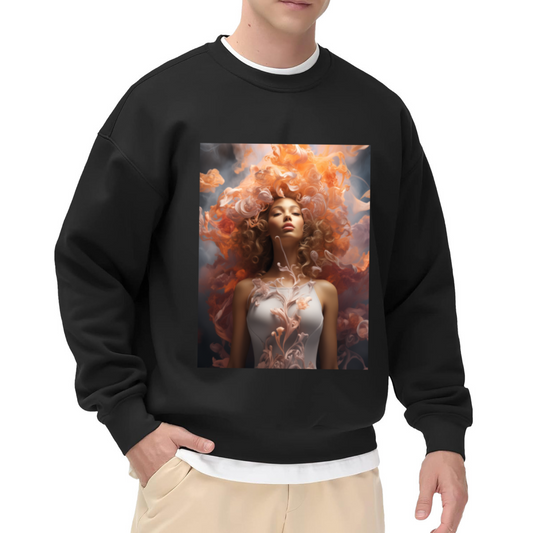 Surreal Flaming Hair Portrait Crewneck Sweatshirt, Ethereal Woman Art Pullover, Fantasy Illustration Gift