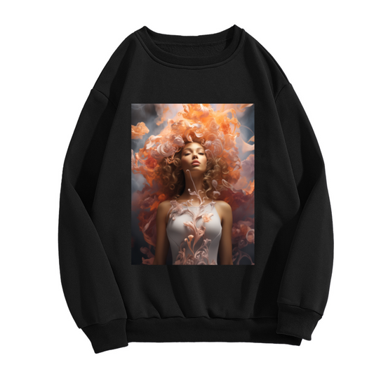 Surreal Flaming Hair Portrait Crewneck Sweatshirt, Ethereal Woman Art Pullover, Fantasy Illustration Gift