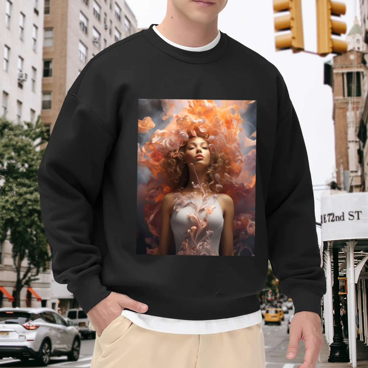 Surreal Flaming Hair Portrait Crewneck Sweatshirt, Ethereal Woman Art Pullover, Fantasy Illustration Gift