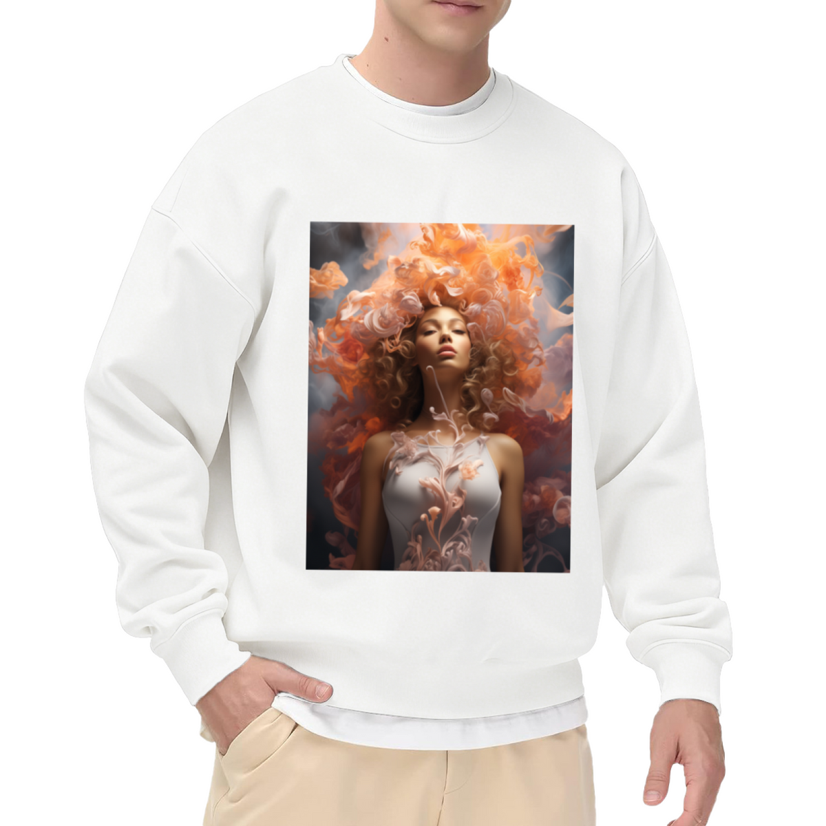 Surreal Flaming Hair Portrait Crewneck Sweatshirt, Ethereal Woman Art Pullover, Fantasy Illustration Gift