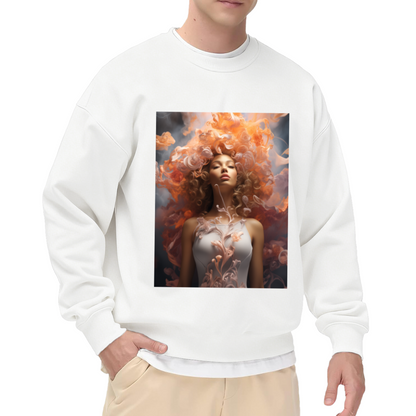 Surreal Flaming Hair Portrait Crewneck Sweatshirt, Ethereal Woman Art Pullover, Fantasy Illustration Gift