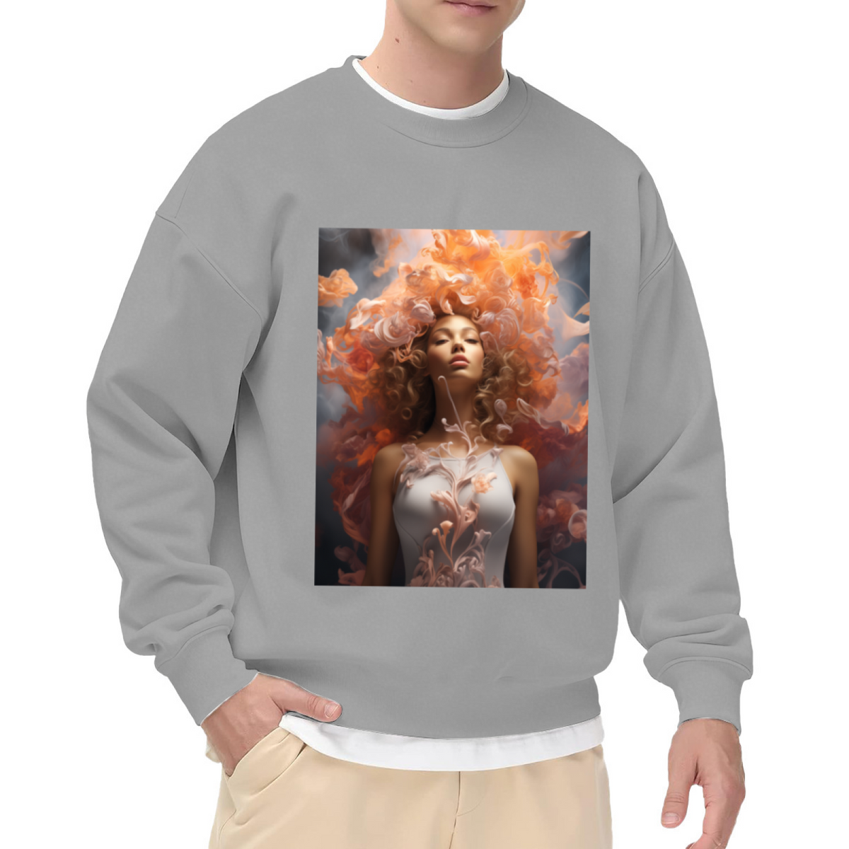 Surreal Flaming Hair Portrait Crewneck Sweatshirt, Ethereal Woman Art Pullover, Fantasy Illustration Gift