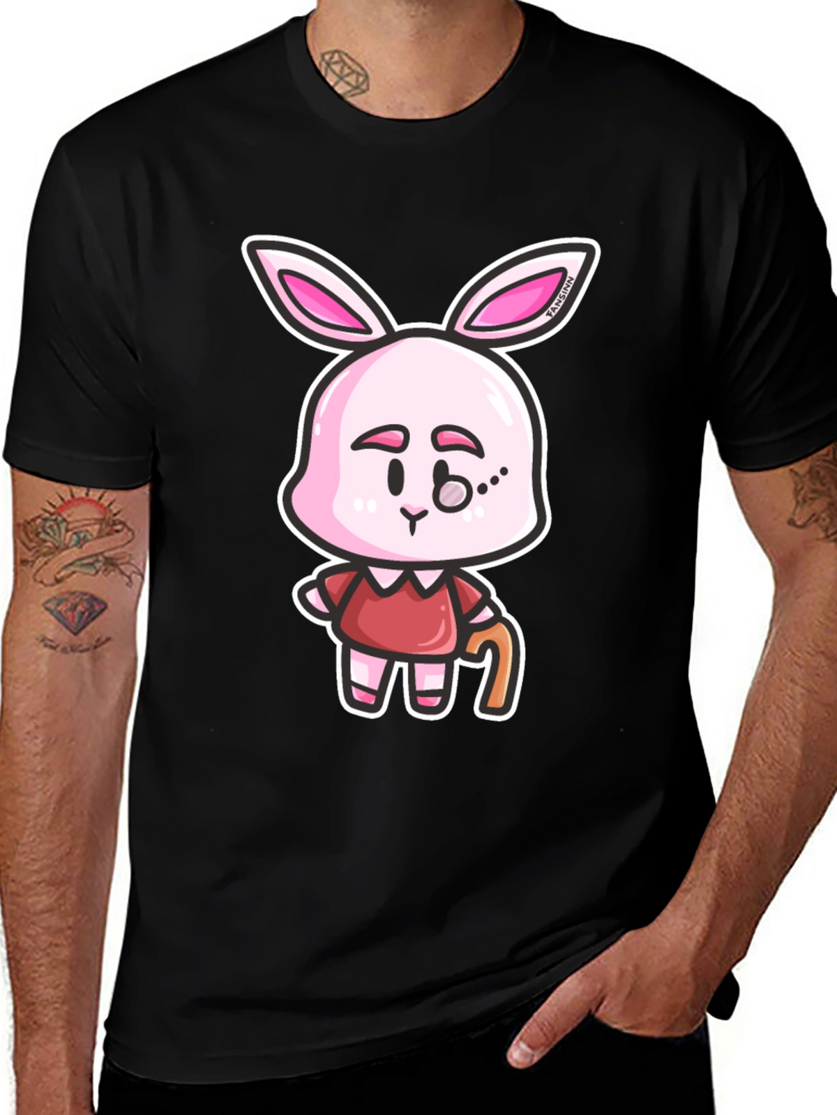 Cartoon Bunny Character Print Black T-Shirt