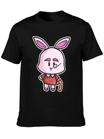 Cartoon Bunny Character Print Black T-Shirt