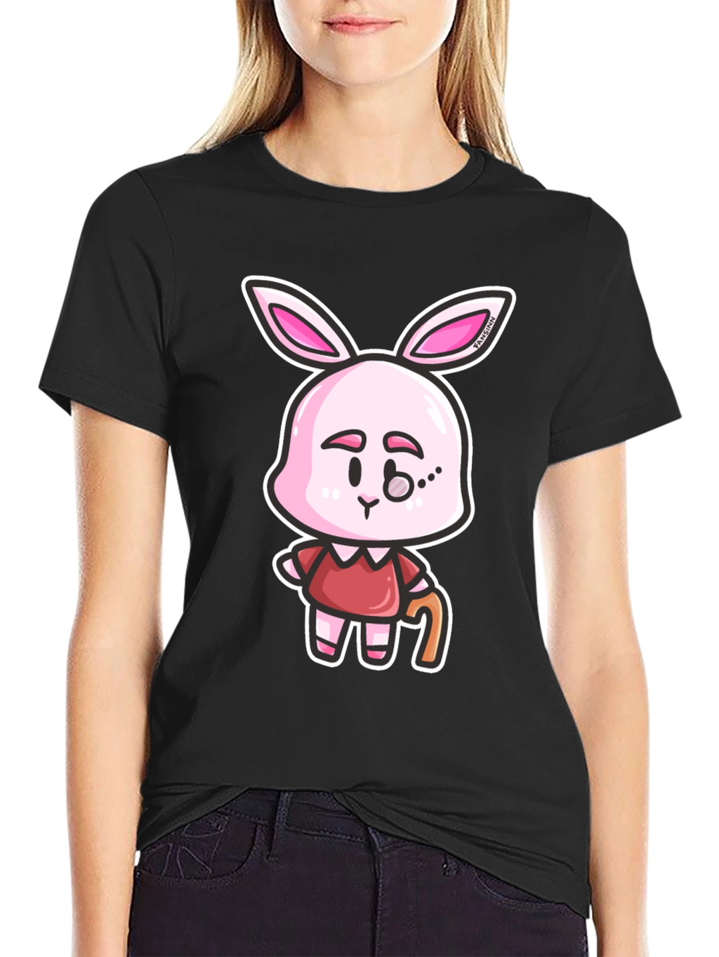 Cartoon Bunny Character Print Black T-Shirt