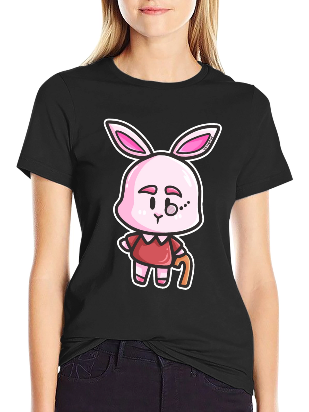Cartoon Bunny Character Print Black T-Shirt