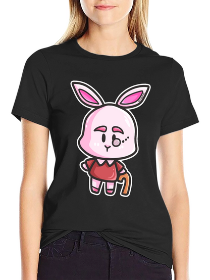 Cartoon Bunny Character Print Black T-Shirt