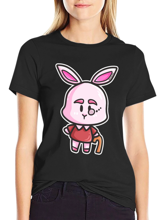 Cartoon Bunny Character Print Black T-Shirt