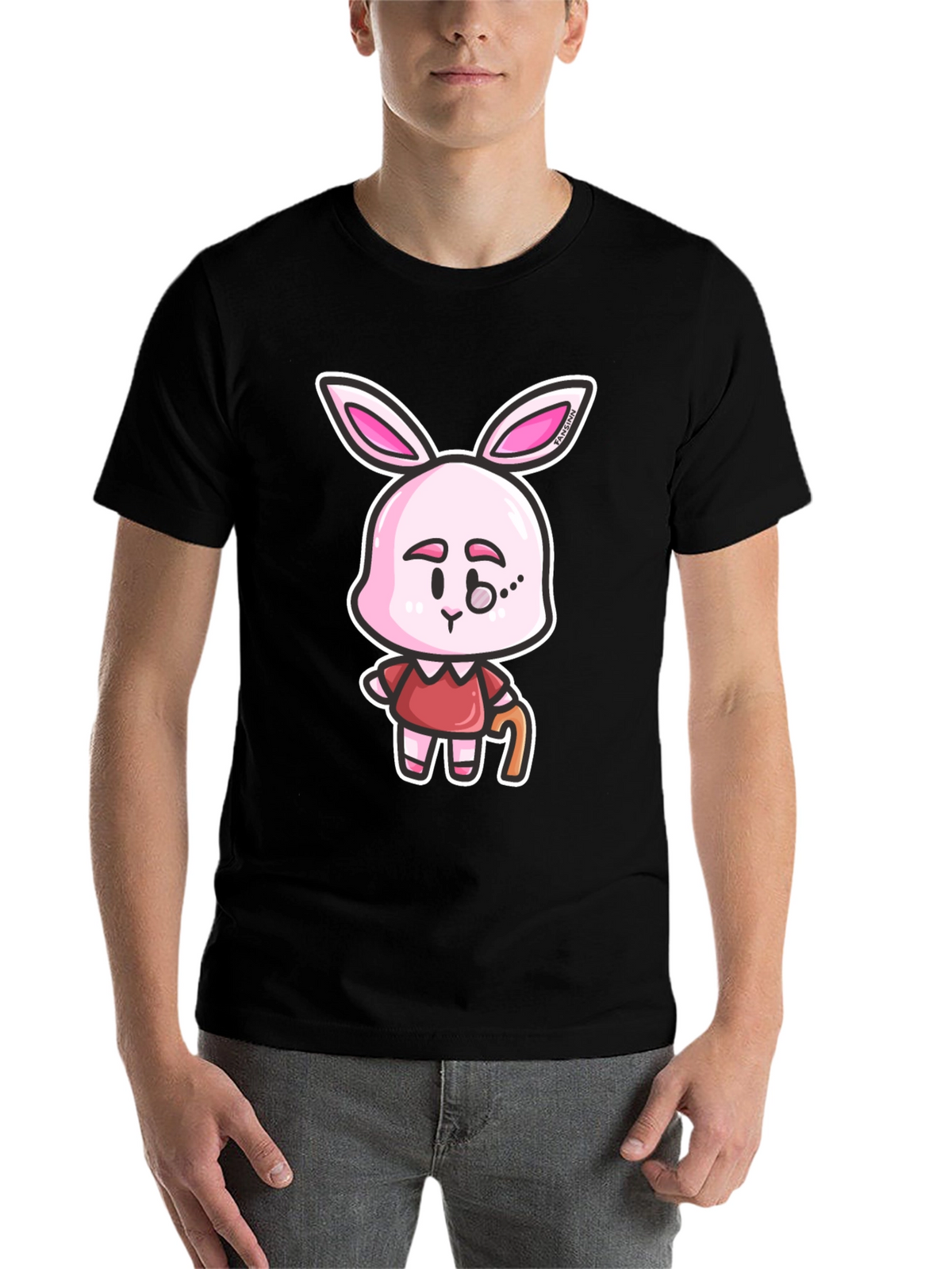 Cartoon Bunny Character Print Black T-Shirt