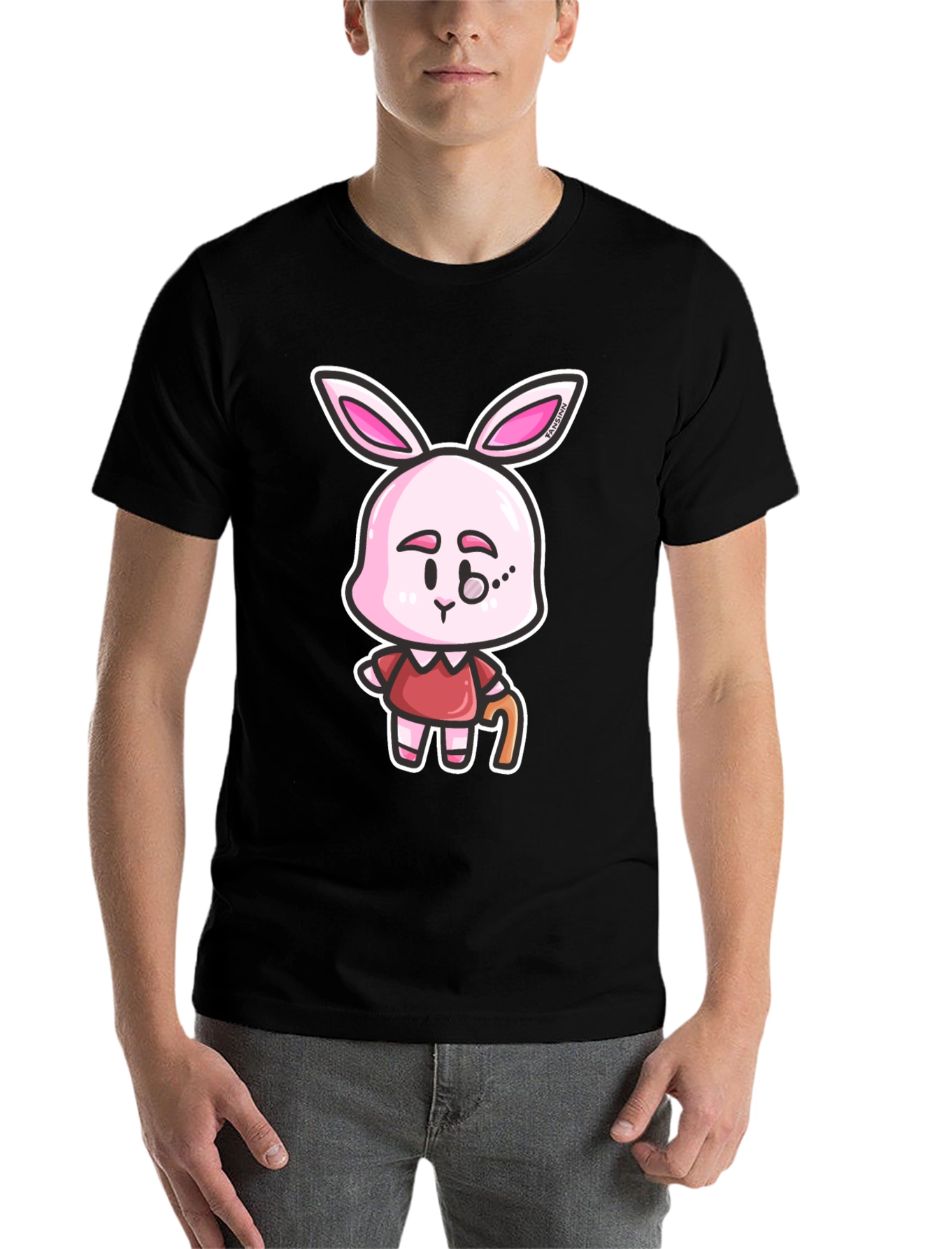Cartoon Bunny Character Print Black T-Shirt
