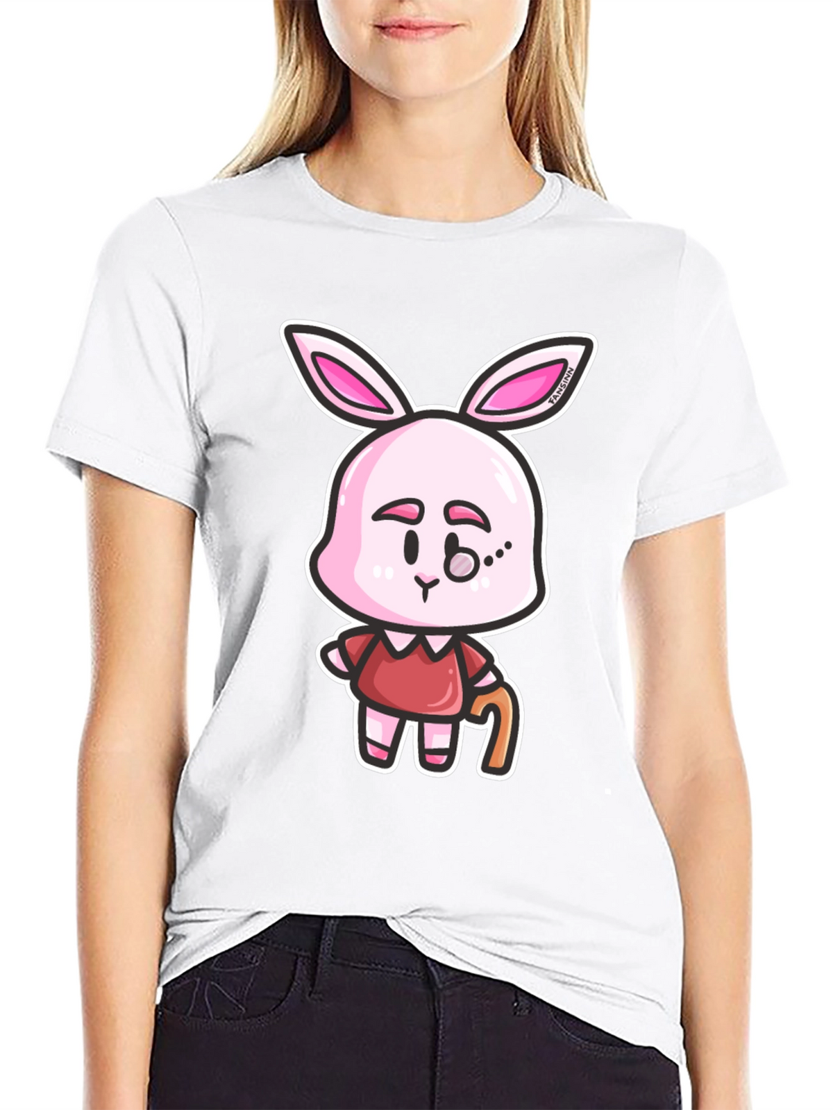Cartoon Bunny Character Print Black T-Shirt