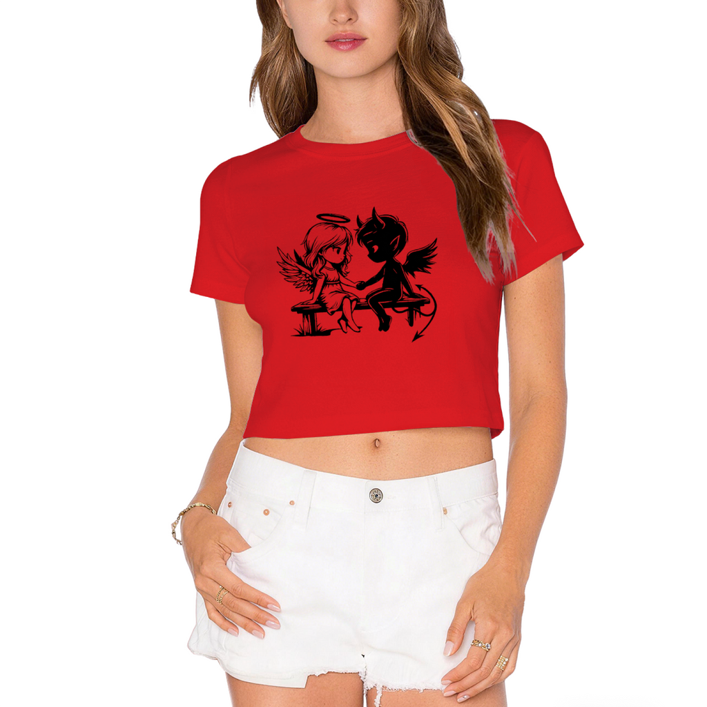 Angel & Devil Bench Vintage Red Crop Top ¨C Gothic Cute Graphic Women Shirt